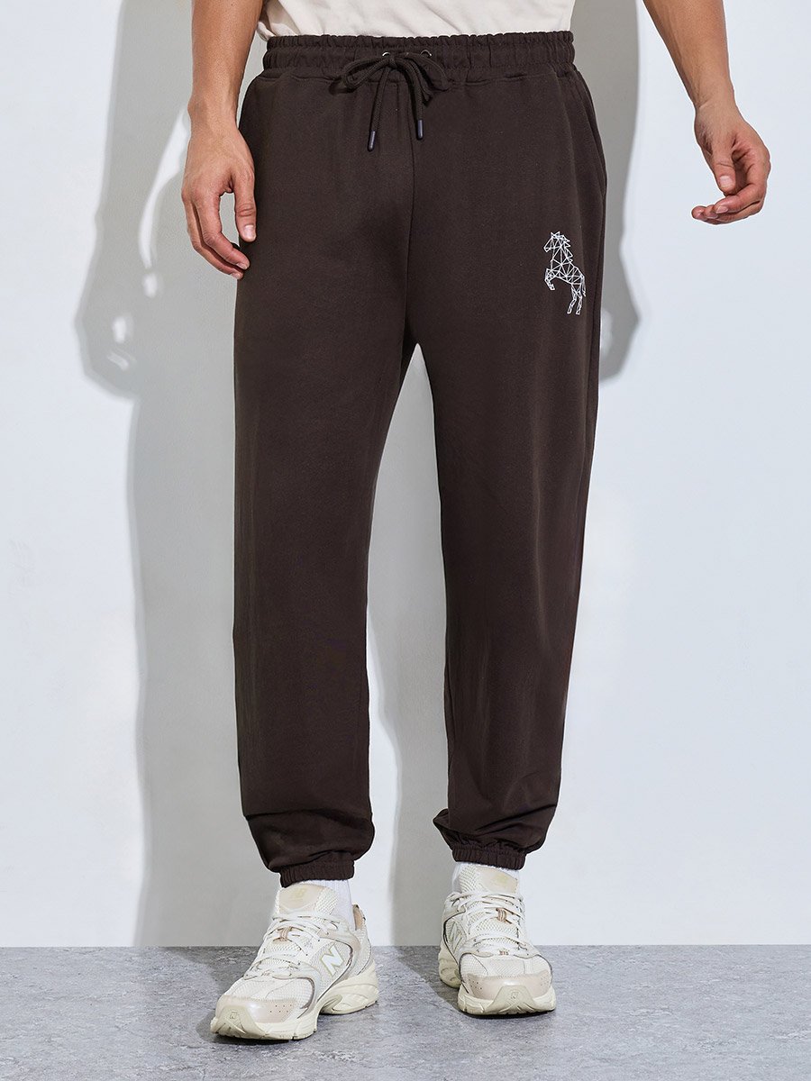 Brown Embroidered Pocket Details Full Length Joggers