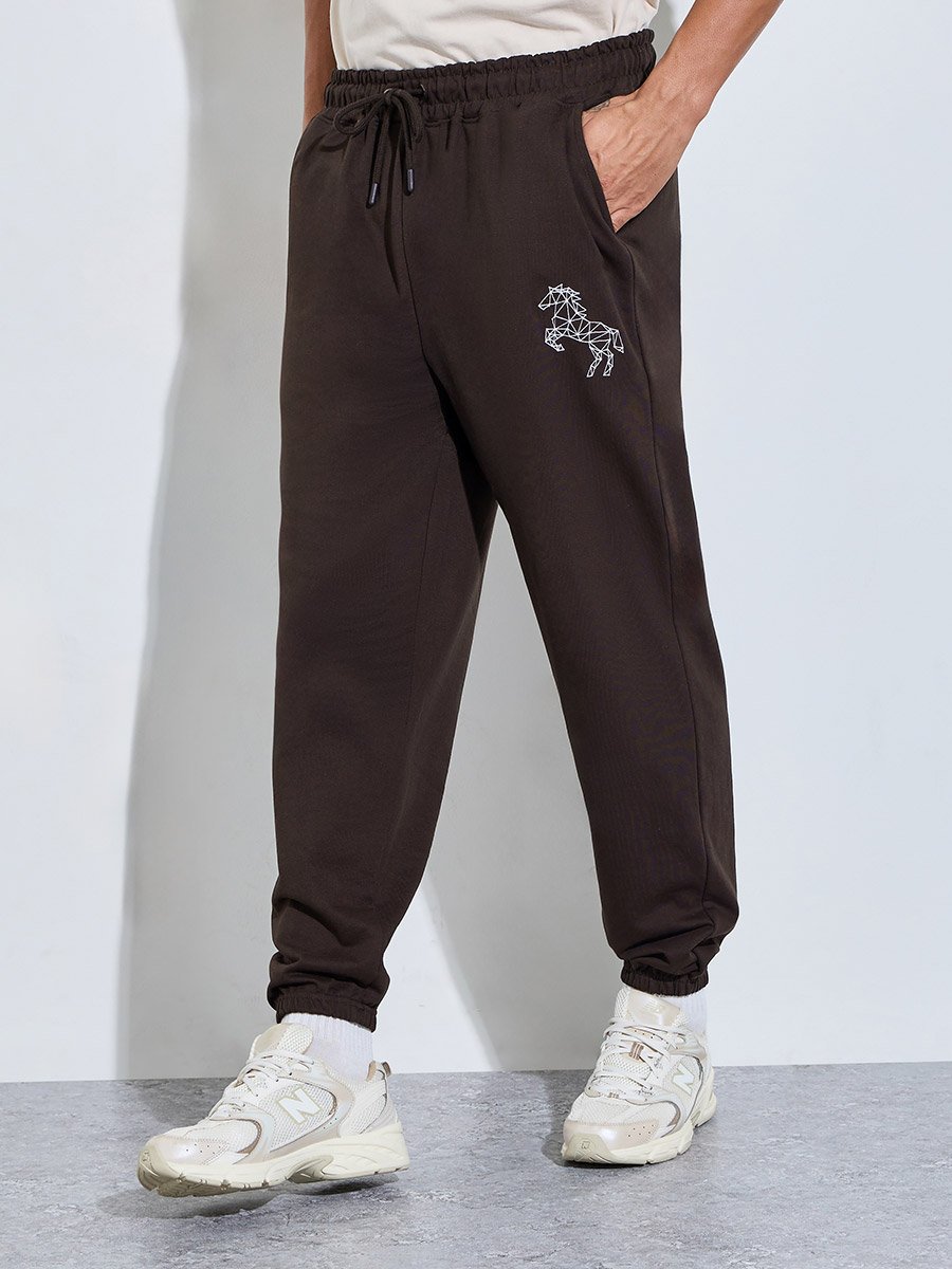 Brown Embroidered Pocket Details Full Length Joggers