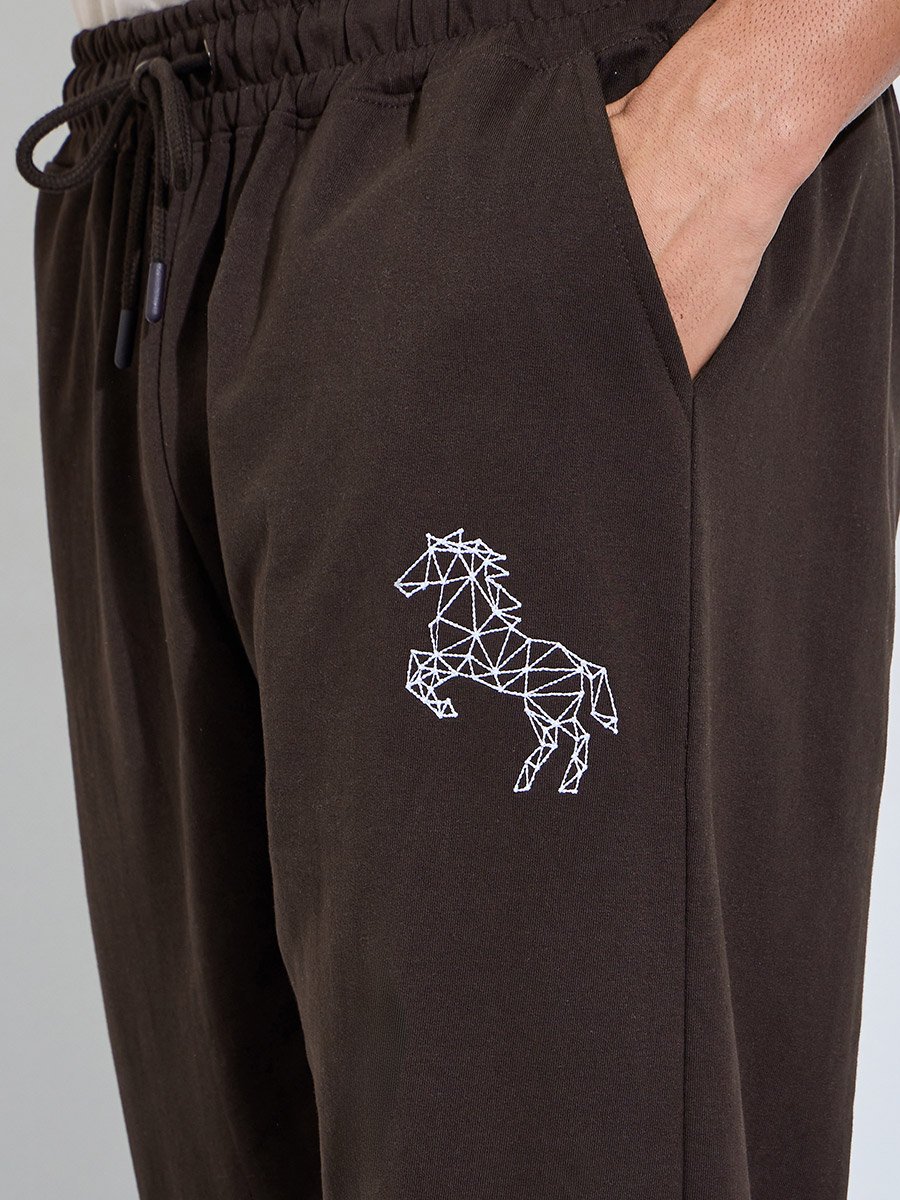 Brown Embroidered Pocket Details Full Length Joggers