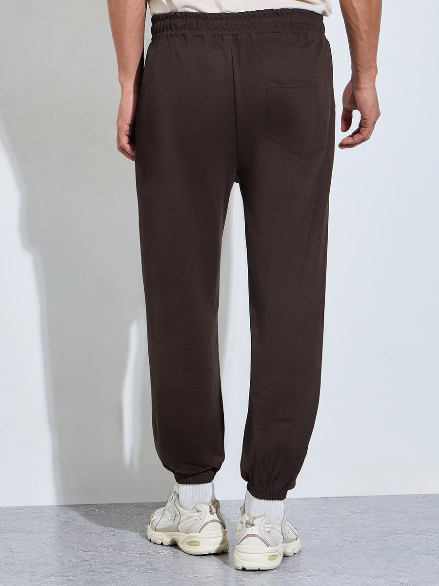 Brown Embroidered Pocket Details Full Length Joggers