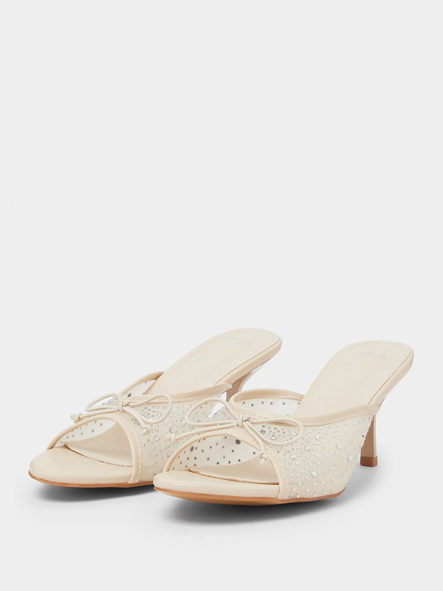 Beige Sequin Embellished Mesh High Heel Mules with Bow Detail