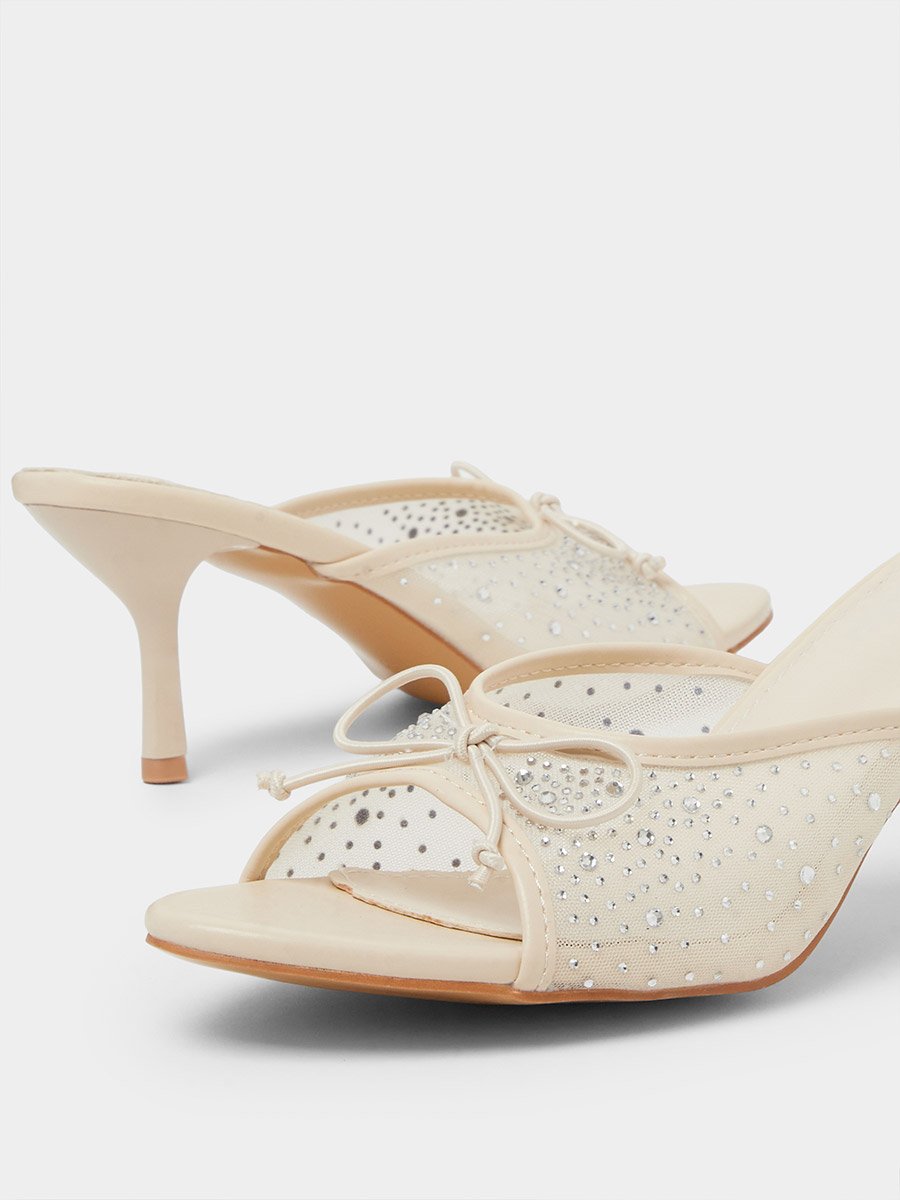 Beige Sequin Embellished Mesh High Heel Mules with Bow Detail