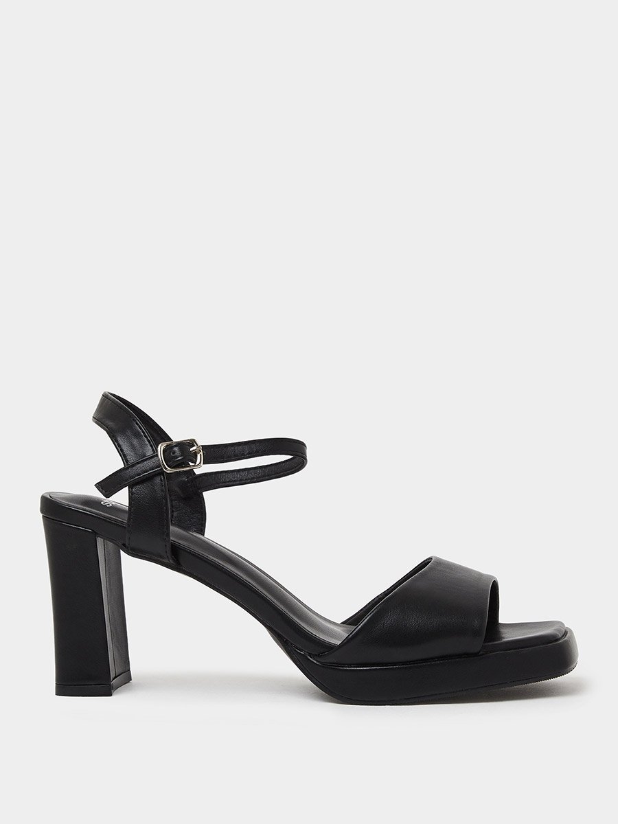 Black Plain Ankle Strap Block Heel Sandals