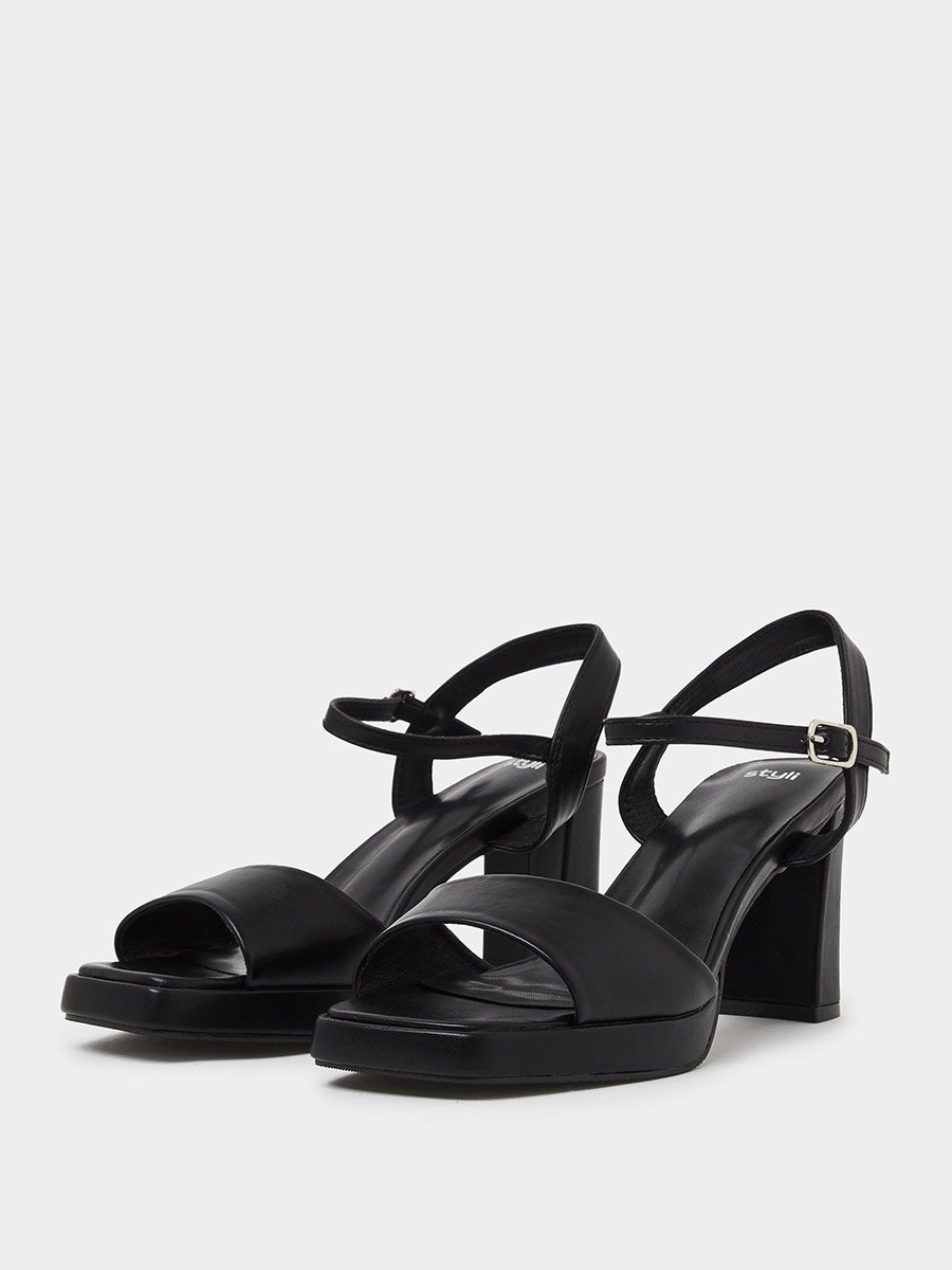 Black Plain Ankle Strap Block Heel Sandals