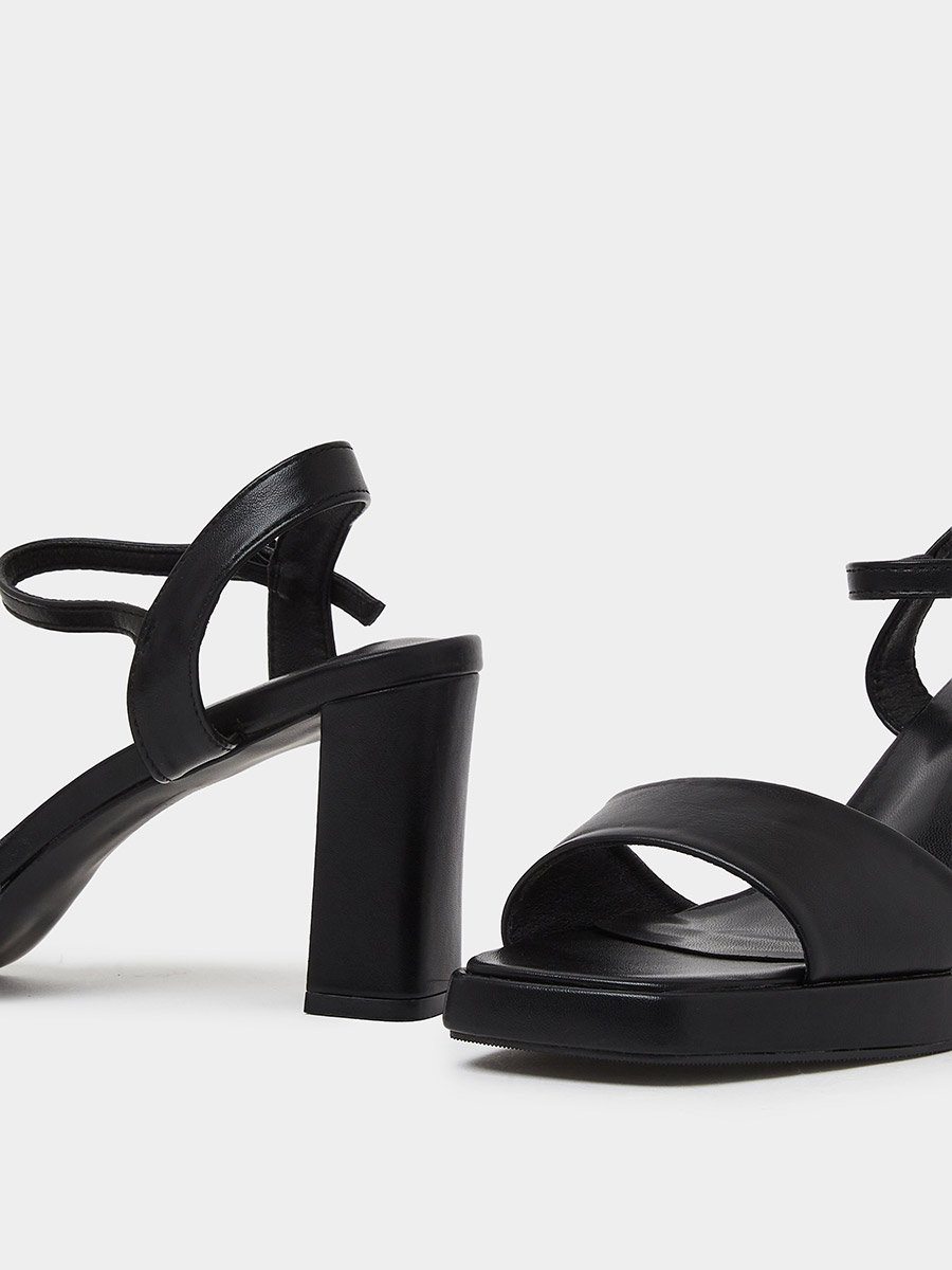 Black Plain Ankle Strap Block Heel Sandals