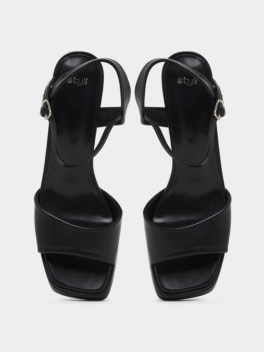Black Plain Ankle Strap Block Heel Sandals