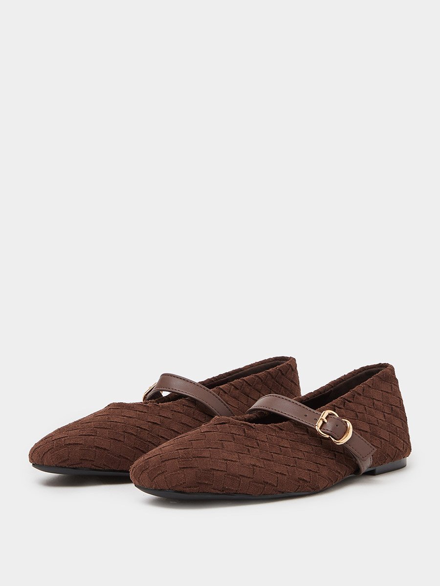 Brown Woven Mary Jane Ballerina Flats