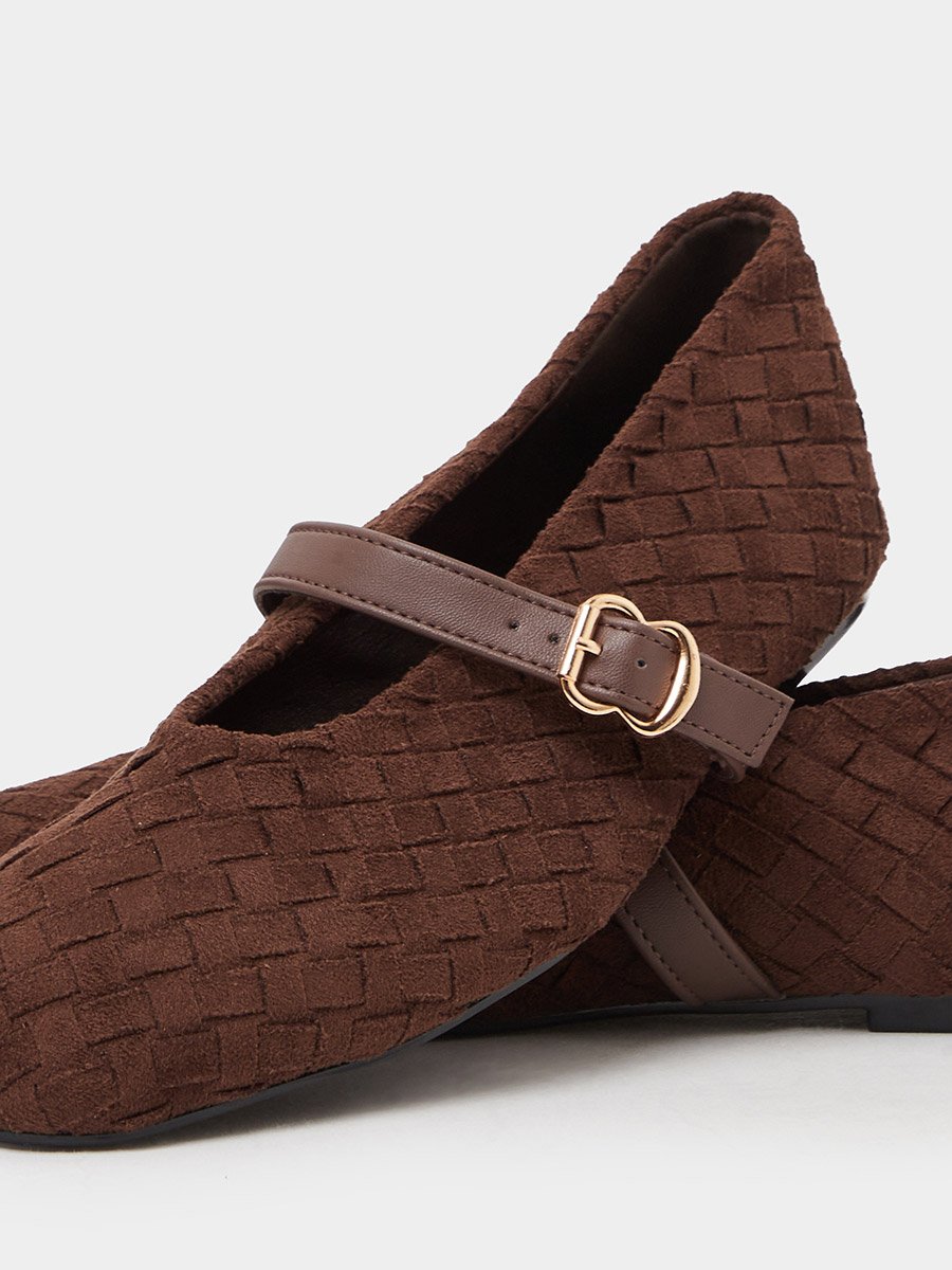 Brown Woven Mary Jane Ballerina Flats