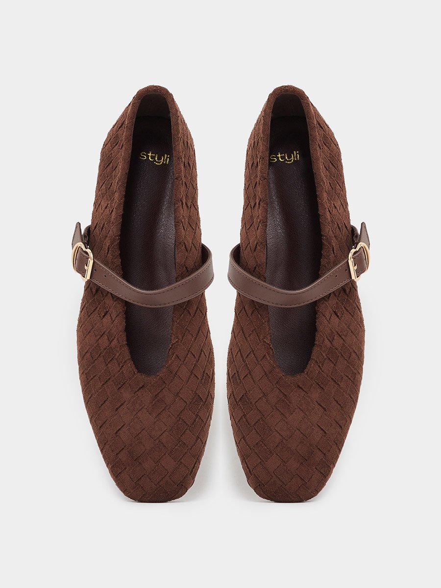 Brown Woven Mary Jane Ballerina Flats