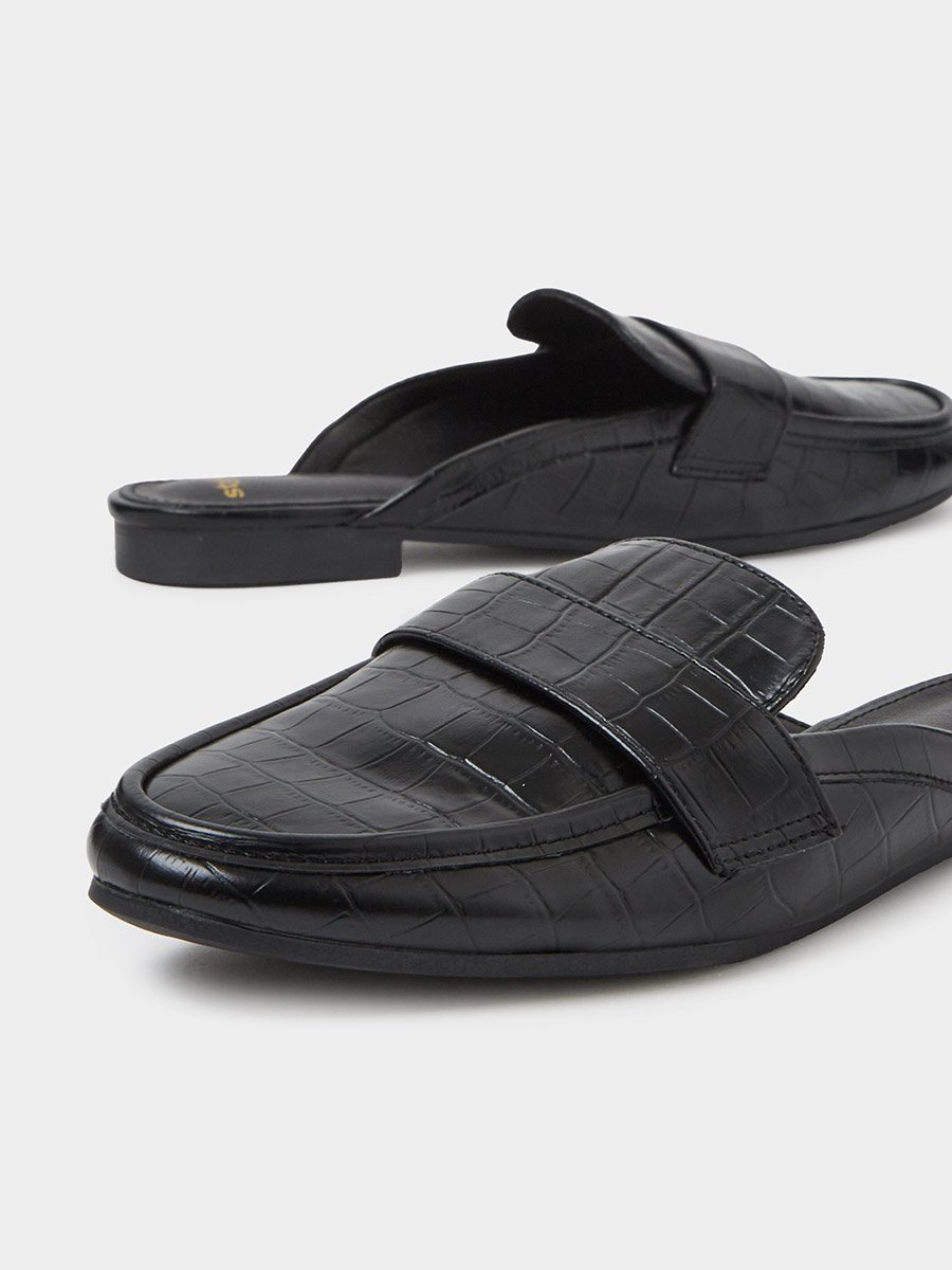 Black Croc-Embossed Flat Mules