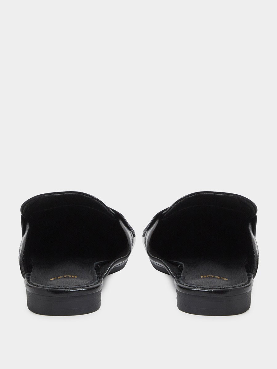 Black Croc-Embossed Flat Mules
