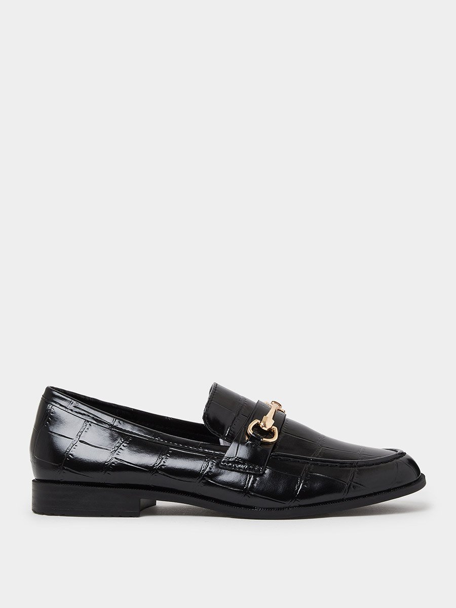 Black Croc Textured Bit Loafers