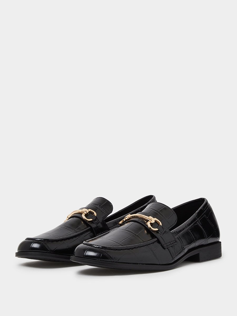Black Croc Textured Bit Loafers
