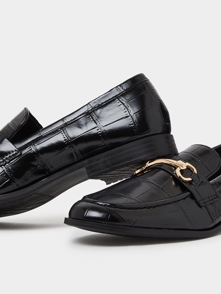 Black Croc Textured Bit Loafers