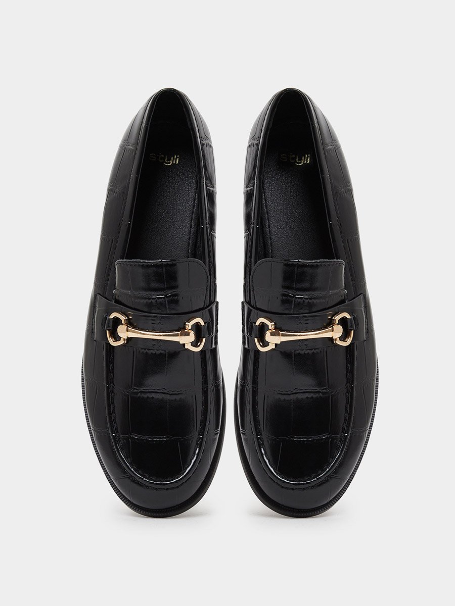 Black Croc Textured Bit Loafers