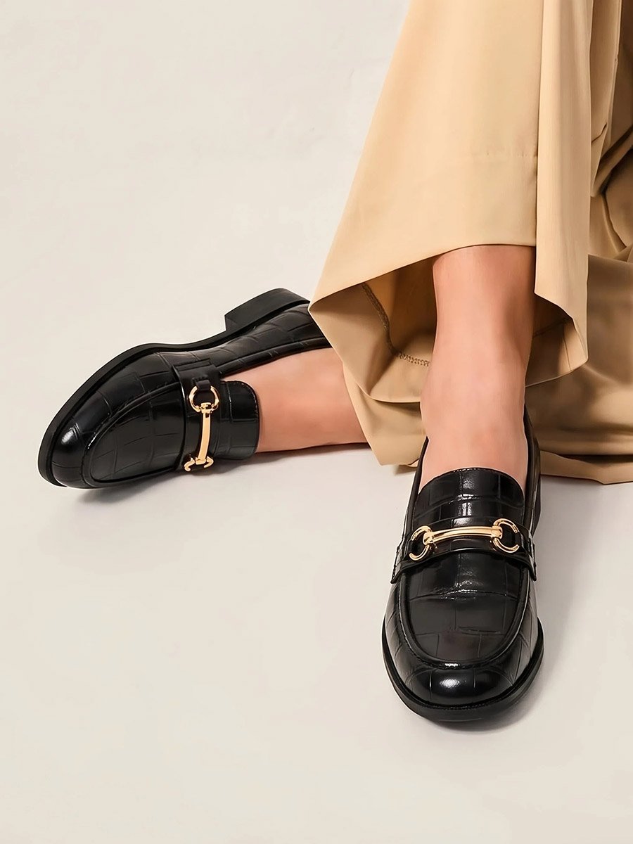 Black Croc Textured Bit Loafers
