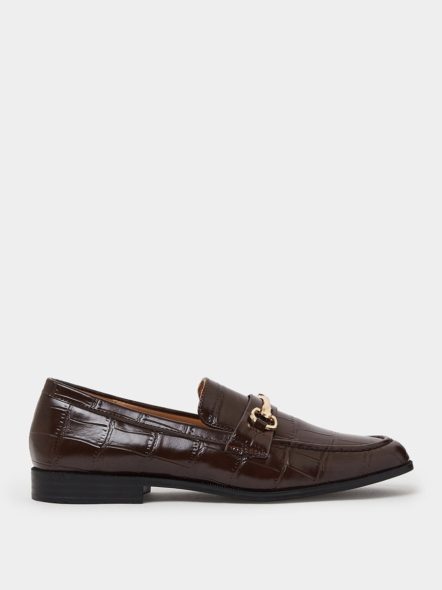 Brown Croc Textured Loafers