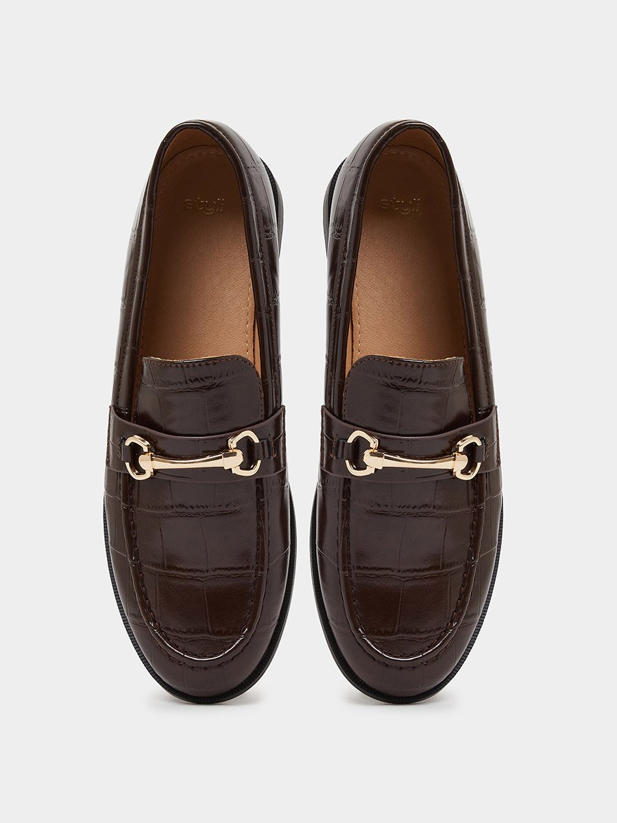 Brown Croc Textured Loafers