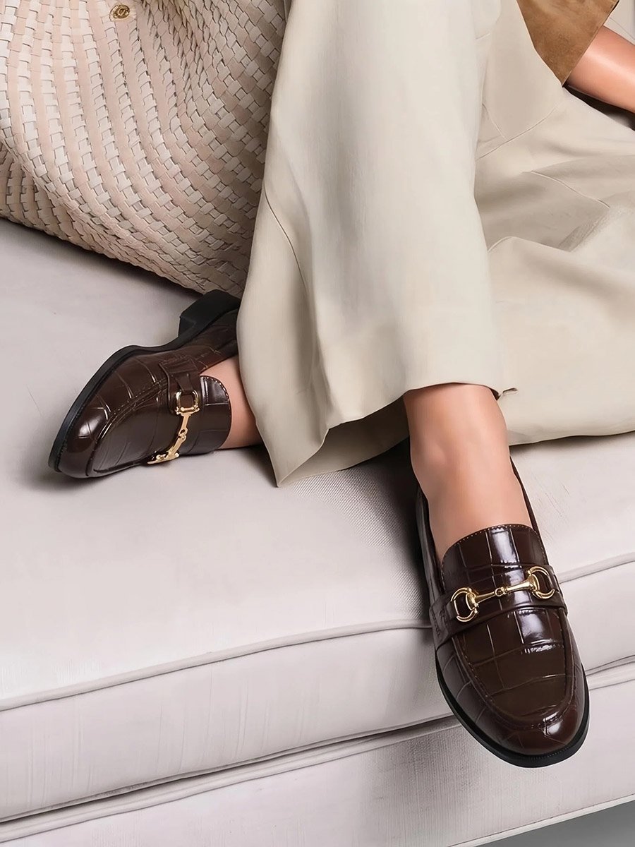 Brown Croc Textured Loafers
