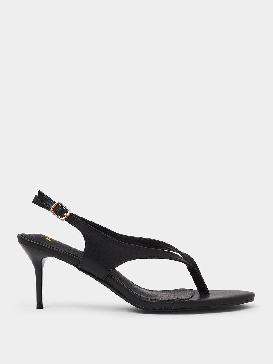 Black Plain Thong Toe Stiletto Heel Sandals