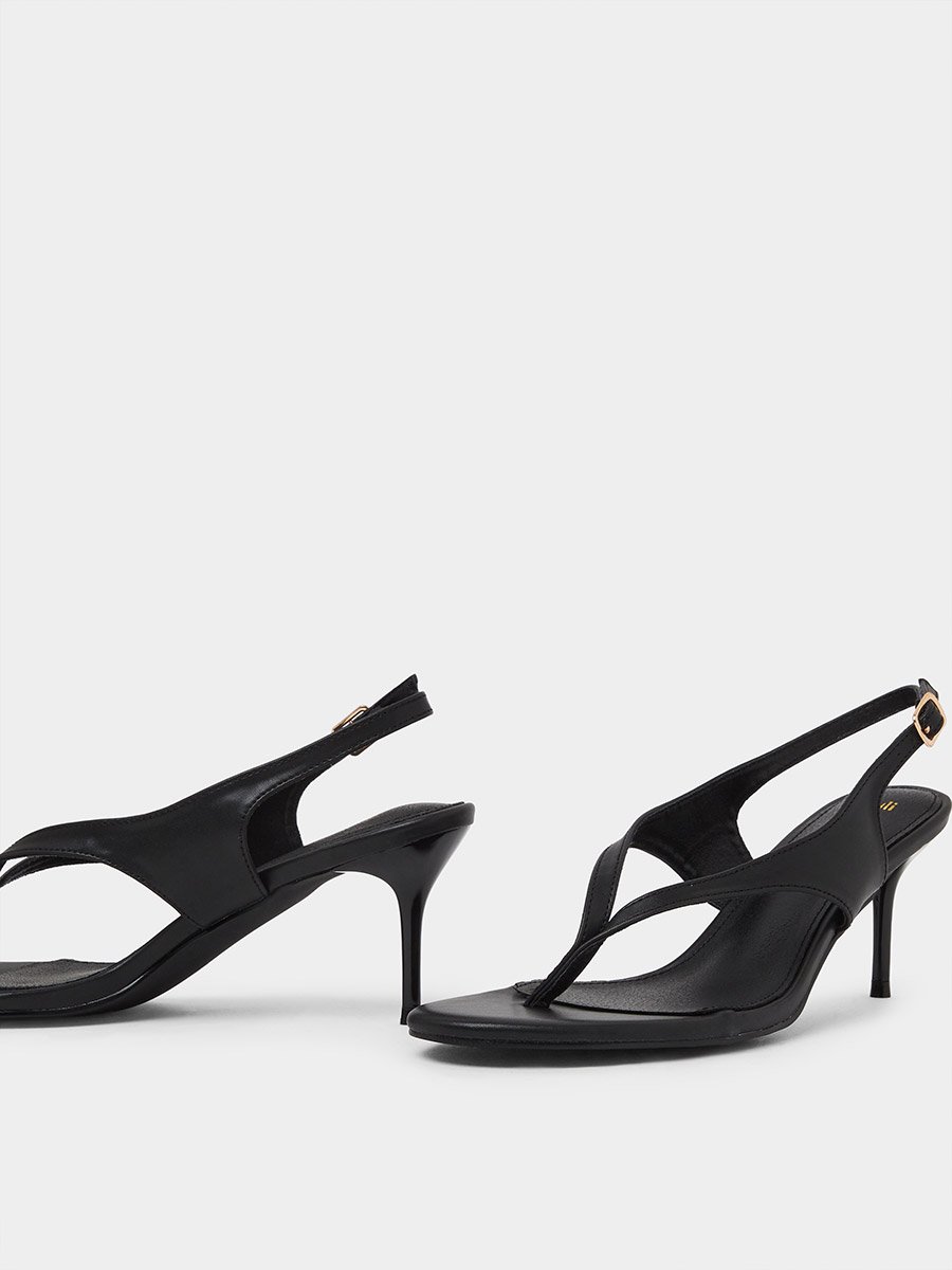 Black Plain Thong Toe Stiletto Heel Sandals