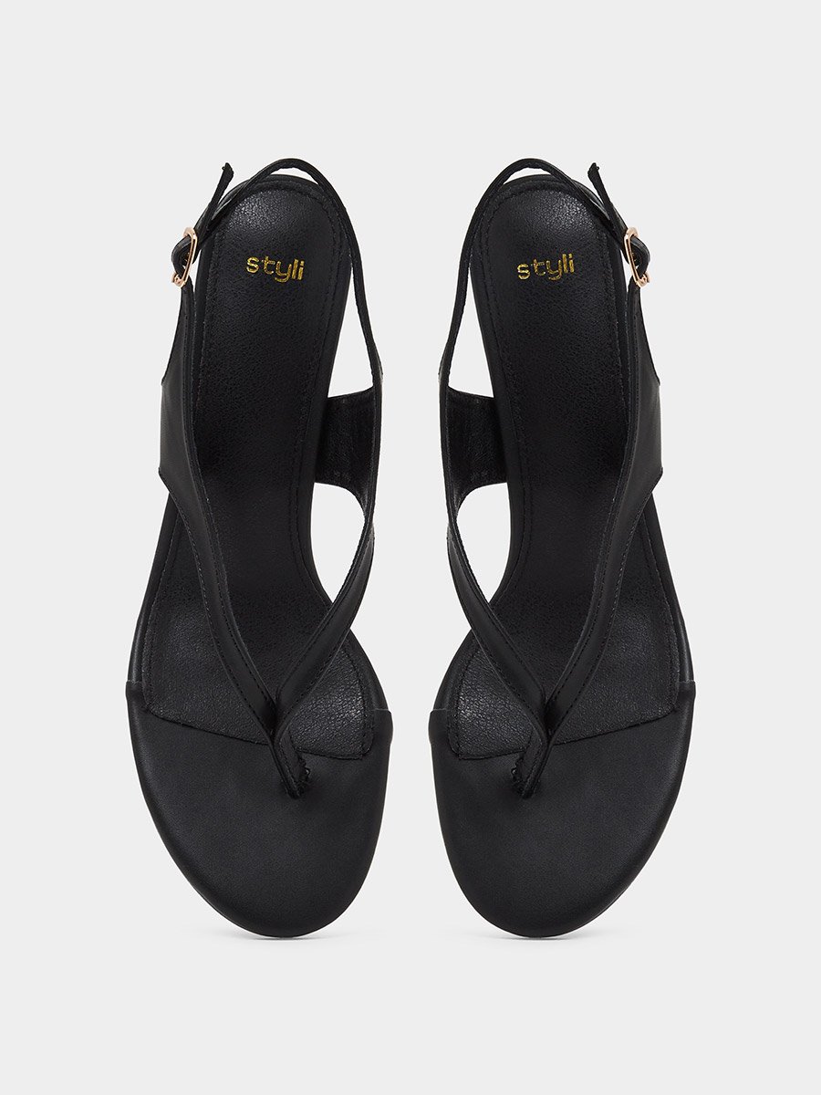 Black Plain Thong Toe Stiletto Heel Sandals