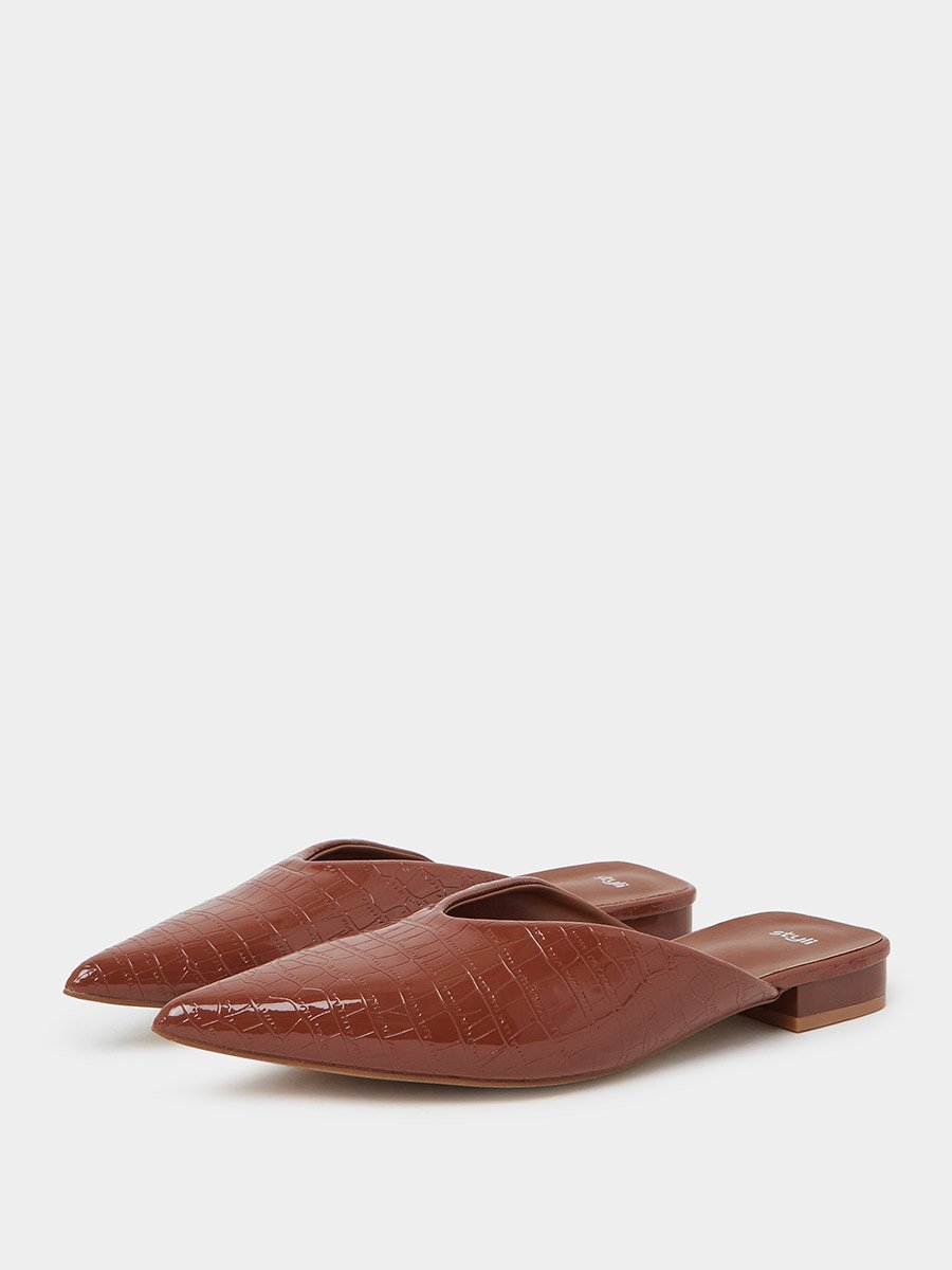Croc Textured Pointed Toe Mules