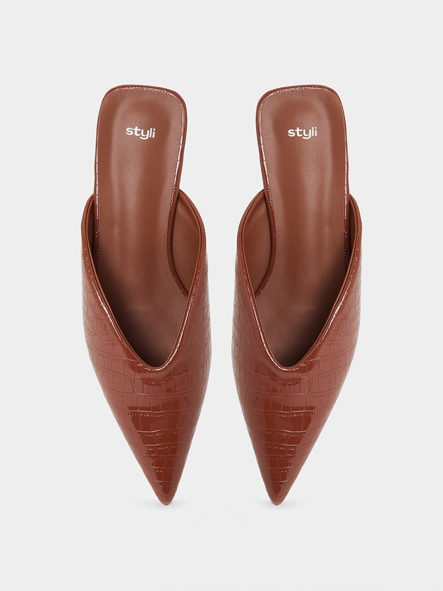 Croc Textured Pointed Toe Mules