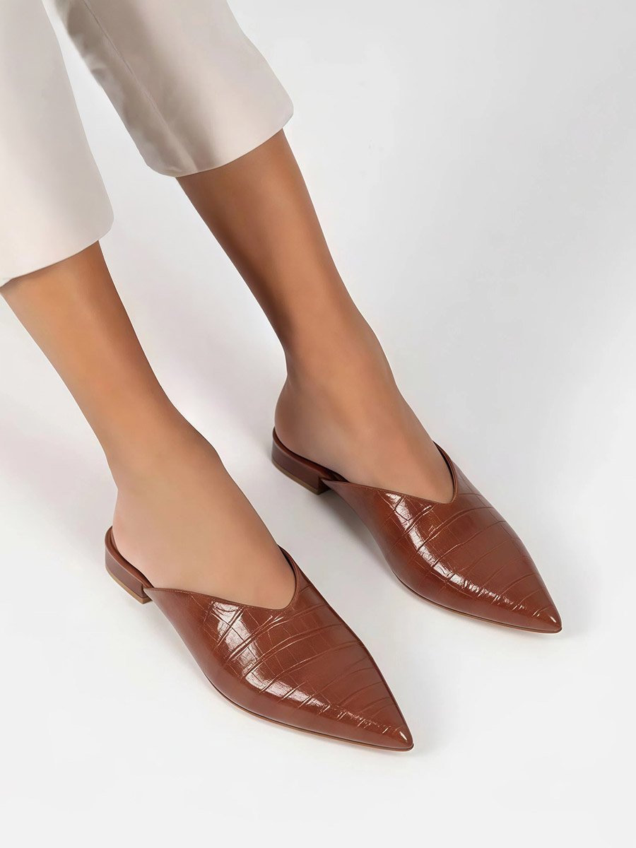 Croc Textured Pointed Toe Mules
