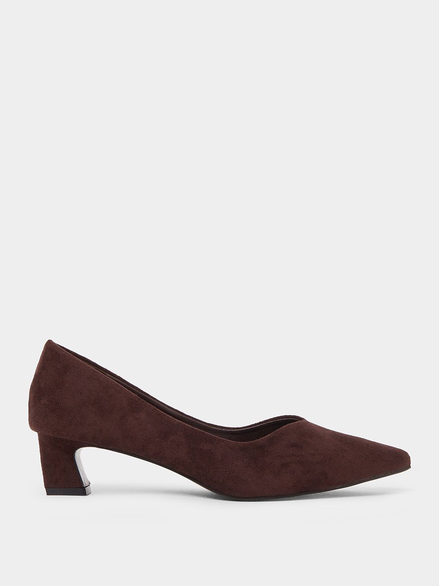Brown Pointed Toe Block Heel Court Shoes
