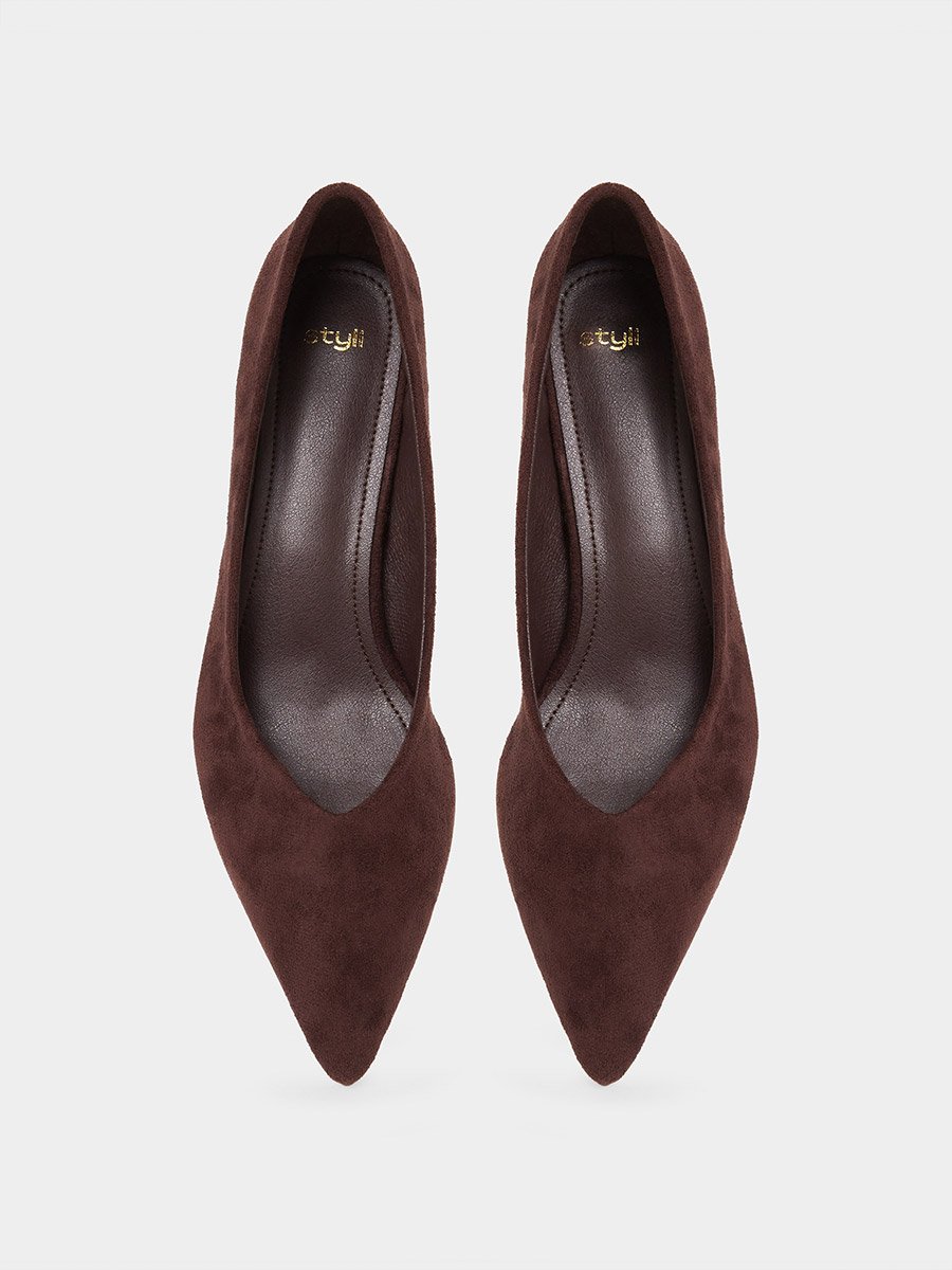 Brown Pointed Toe Block Heel Court Shoes