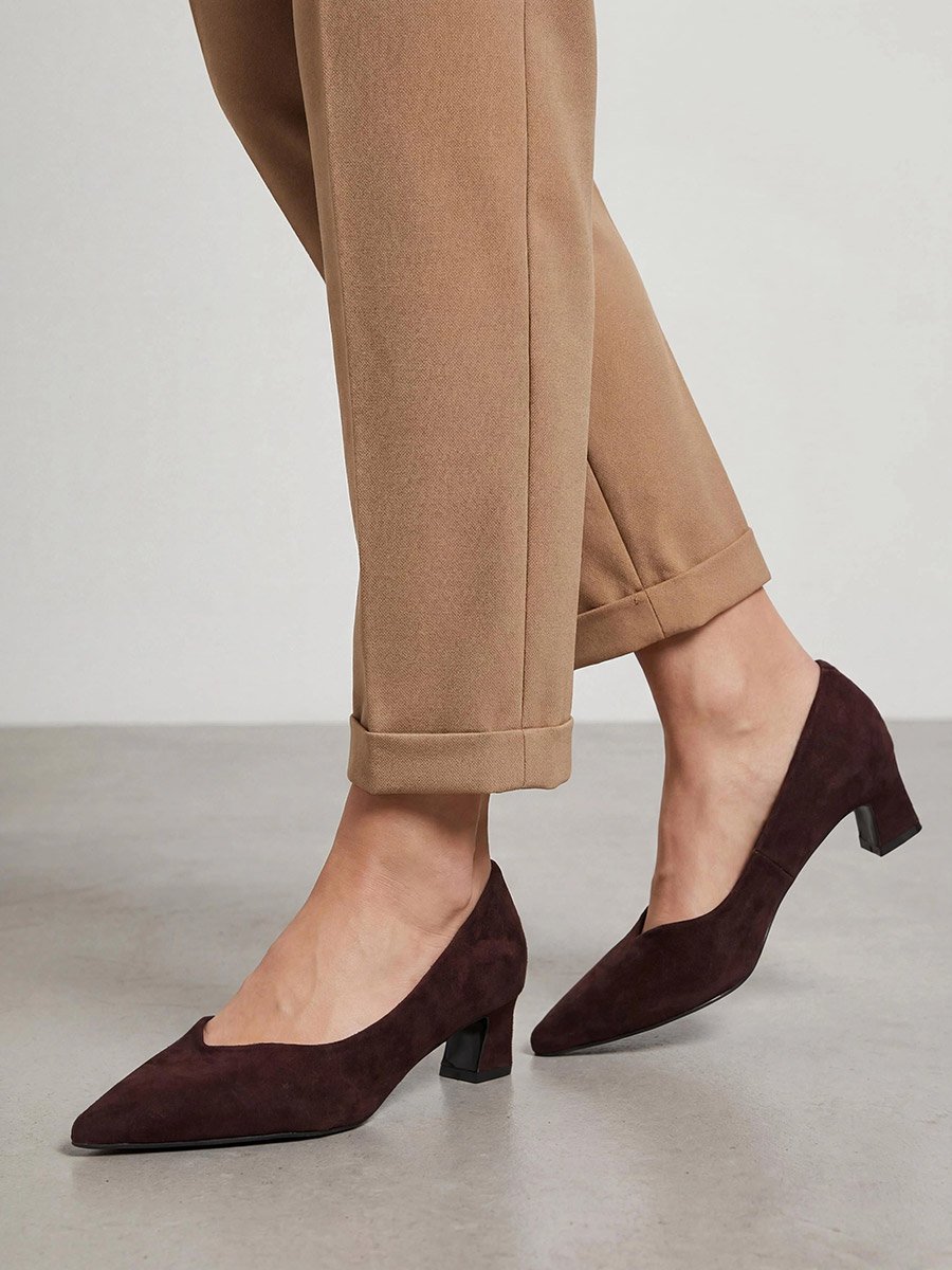 Brown Pointed Toe Block Heel Court Shoes