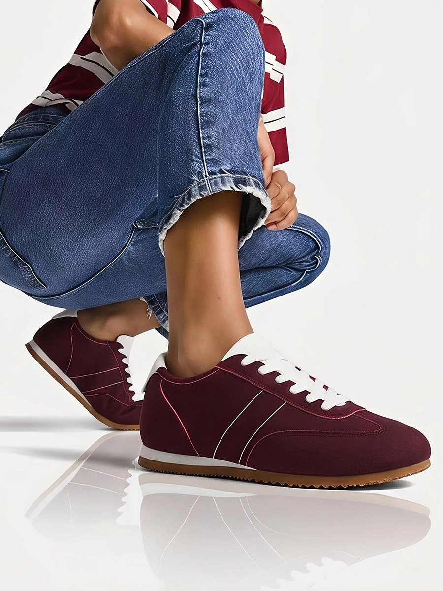 Burgundy Suede Look Lace-Up Sneakers