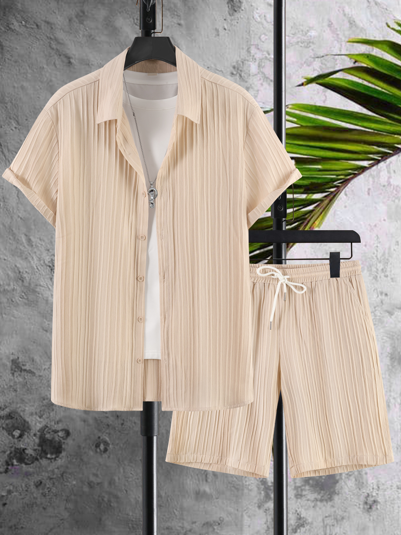 Men Plus Size Textured Casual Shirt and Shorts Co-ord Set
