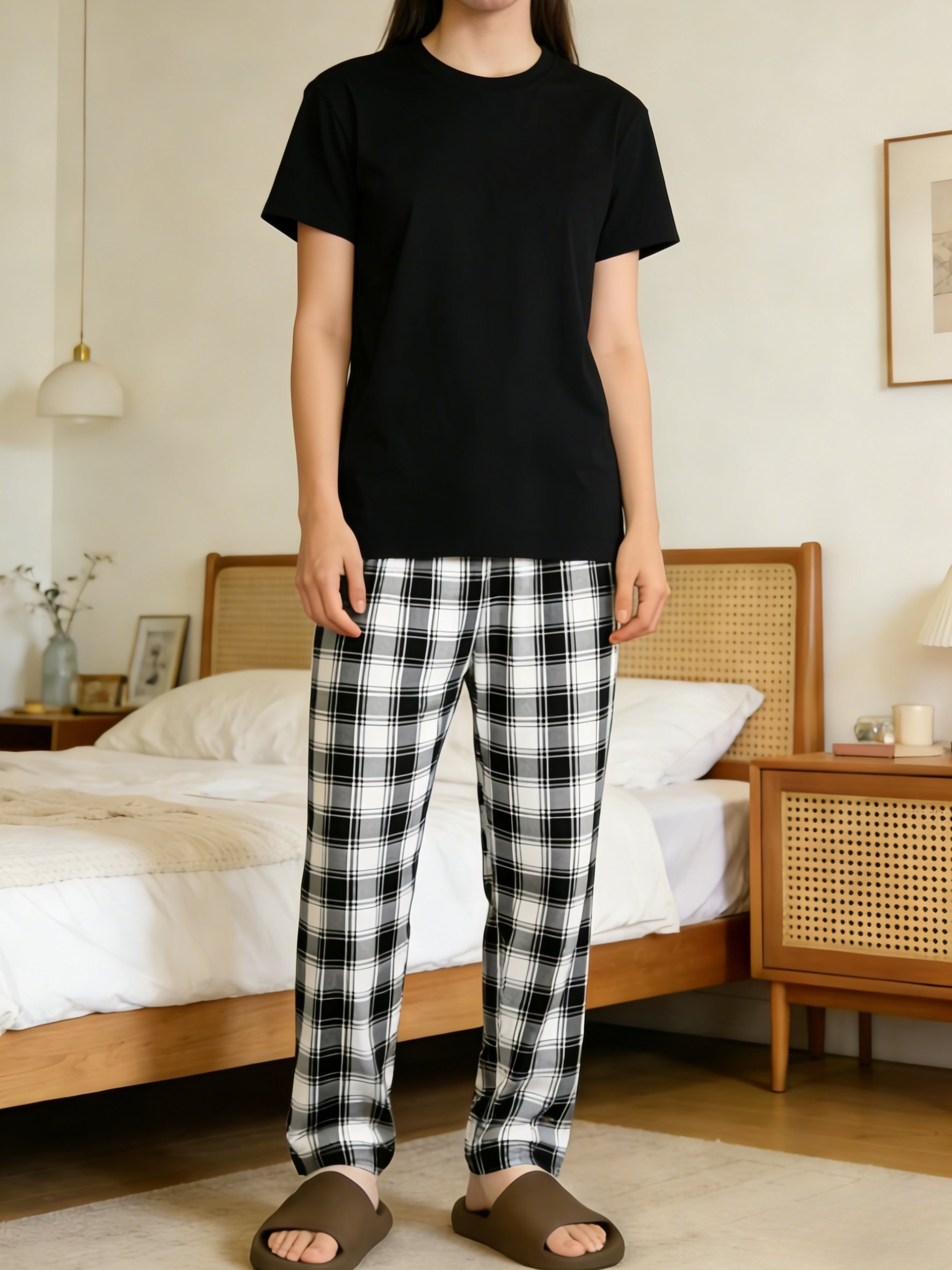 Solid Round Neck T-Shirt and Checked Pyjama Set
