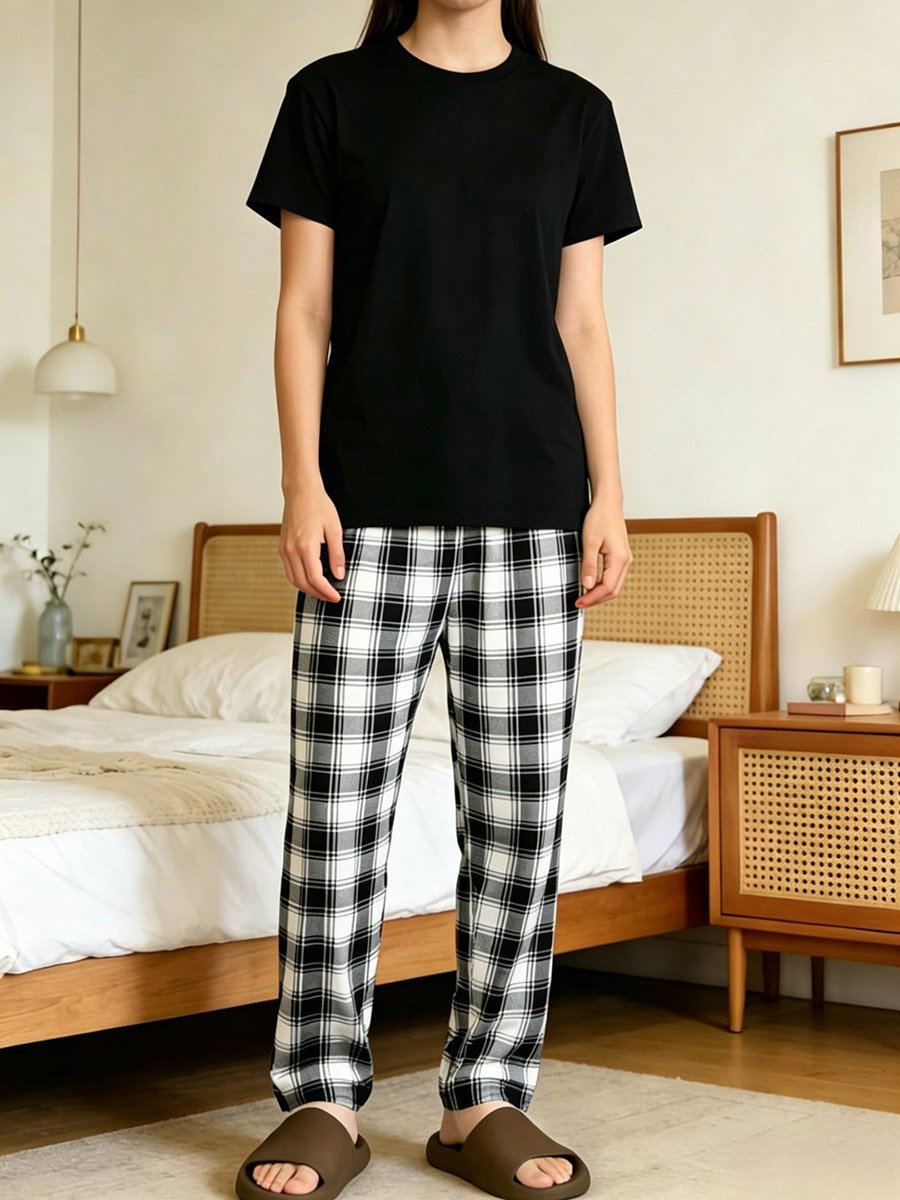 Solid Round Neck T-Shirt and Checked Pyjama Set