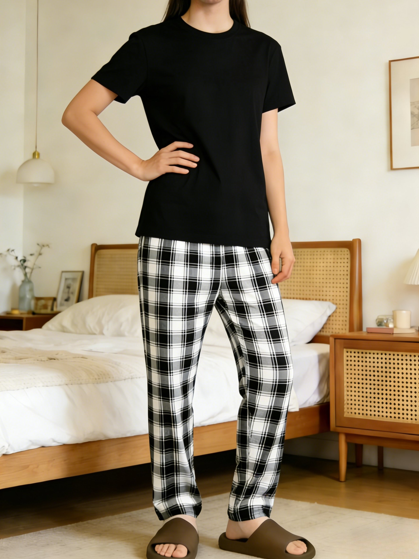 Solid Round Neck T-Shirt and Checked Pyjama Set
