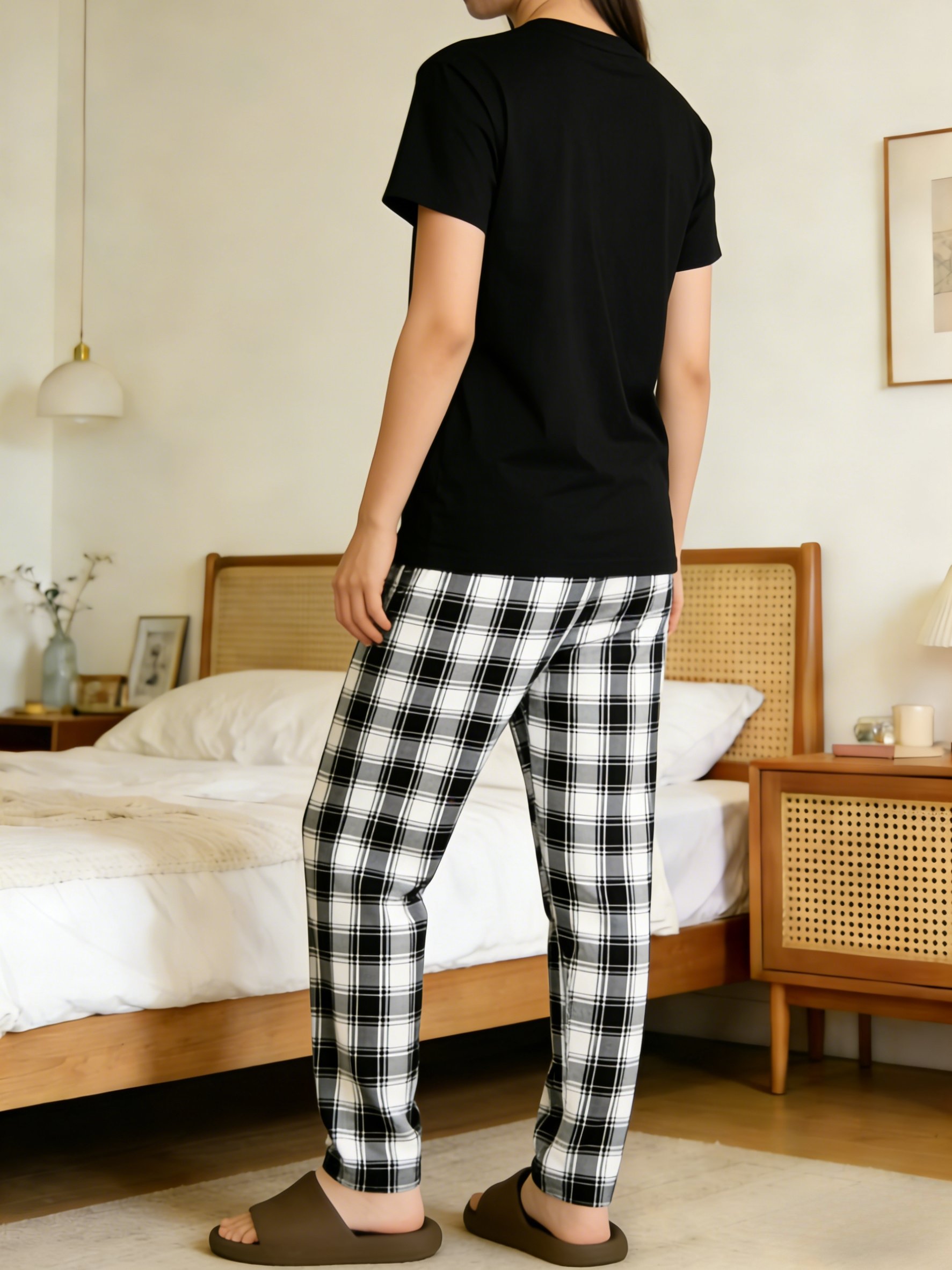 Solid Round Neck T-Shirt and Checked Pyjama Set
