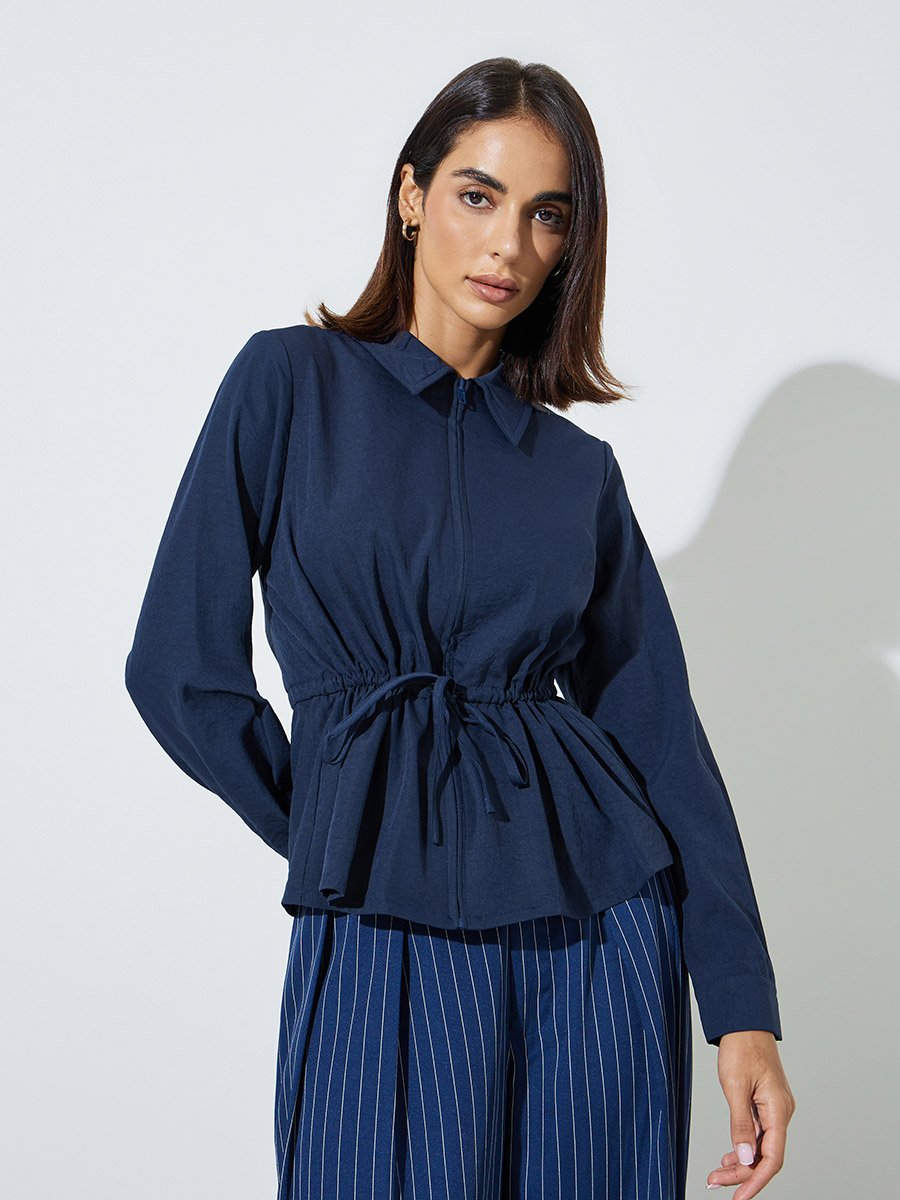 Navy Blue Long Sleeve Drawcord Waist Shirt