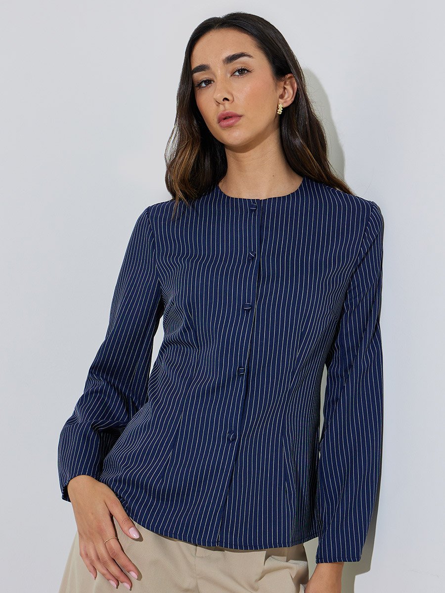 Blue Striped Long Sleeve Blouse