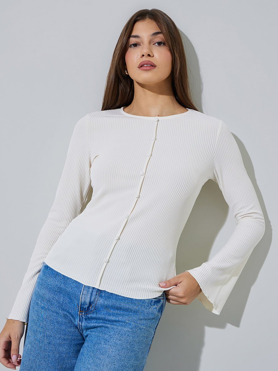 Cream Fitted Knit Top with Flared Sleeves