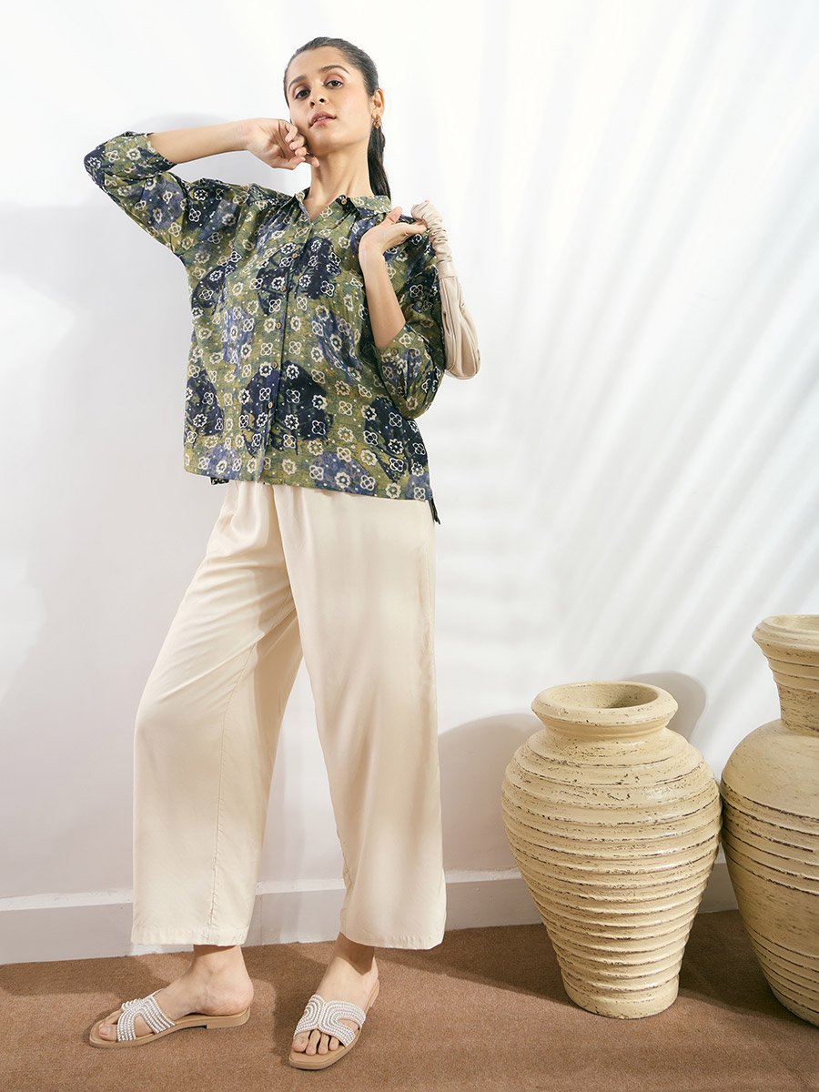 Green Modal Printed Boxy Fit Shirt