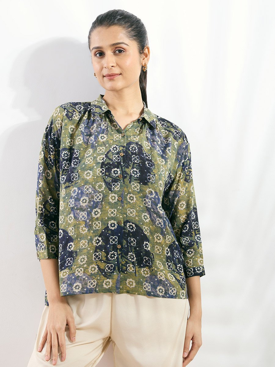 Green Modal Printed Boxy Fit Shirt