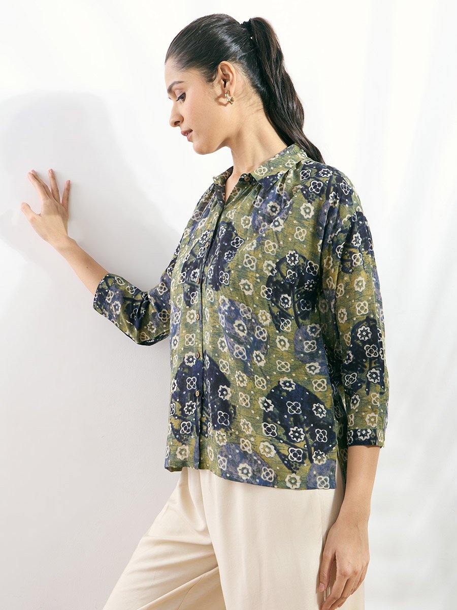 Green Modal Printed Boxy Fit Shirt