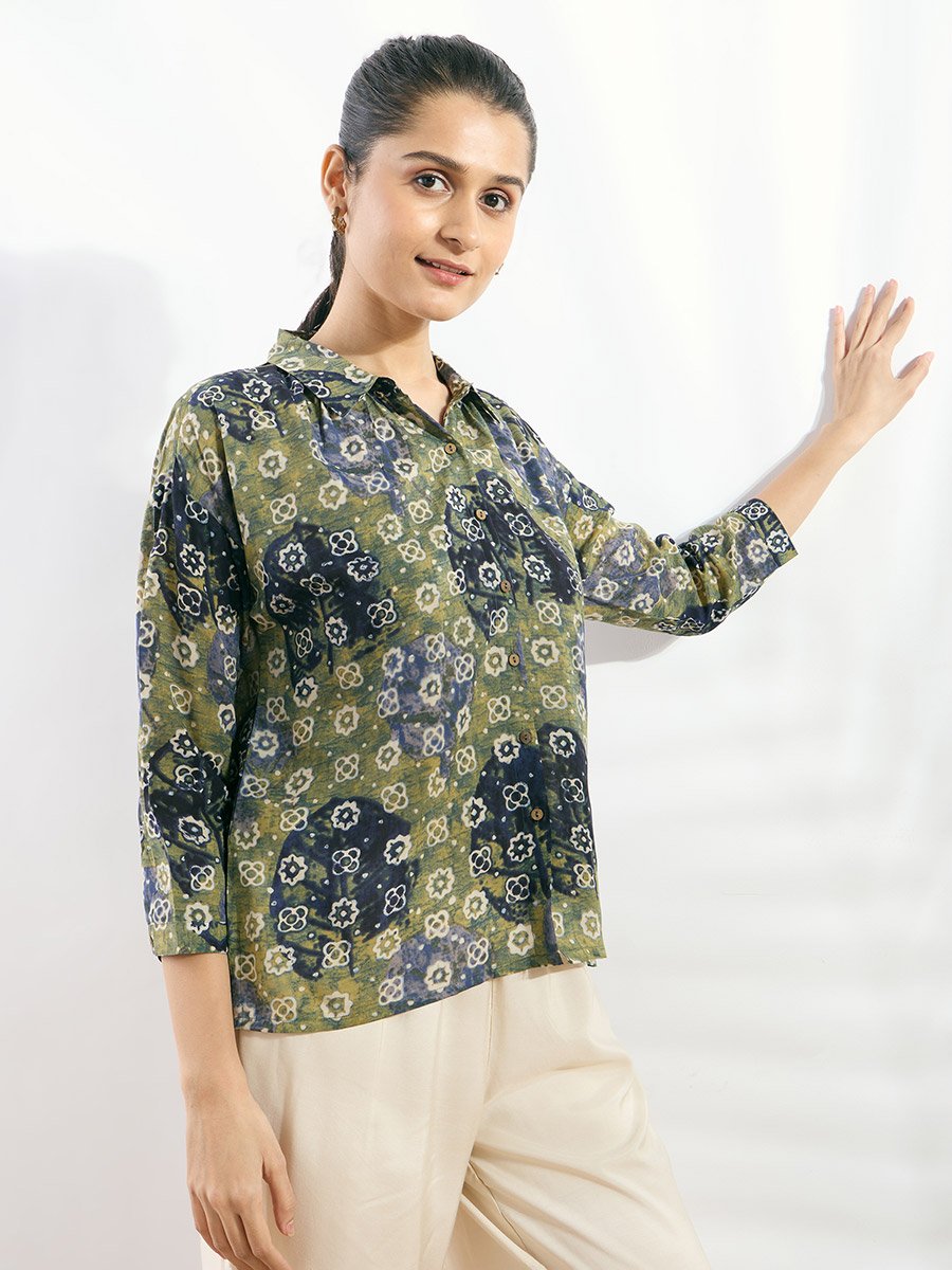 Green Modal Printed Boxy Fit Shirt