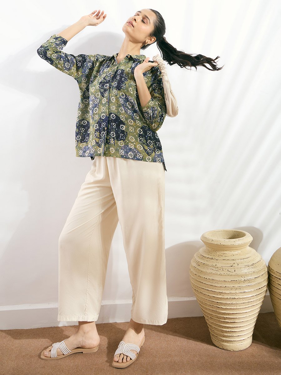 Green Modal Printed Boxy Fit Shirt