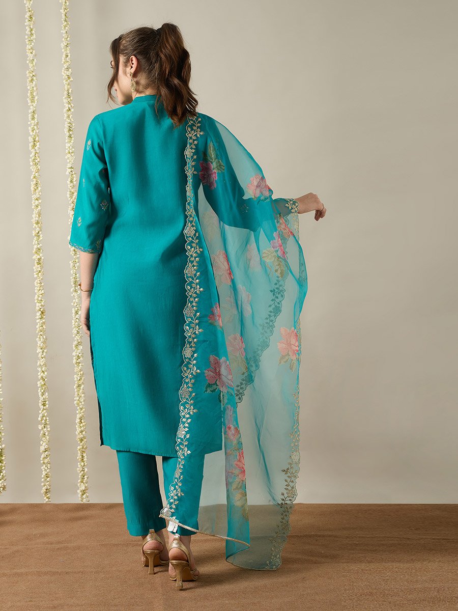 Teal Embroidery A-Line Kurta, Pants and Dupatta Set