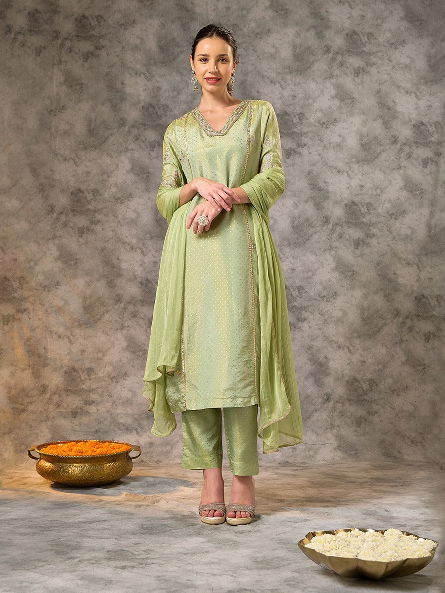 Green Embroidered A-Line Kurta, Pants and Dupatta Set