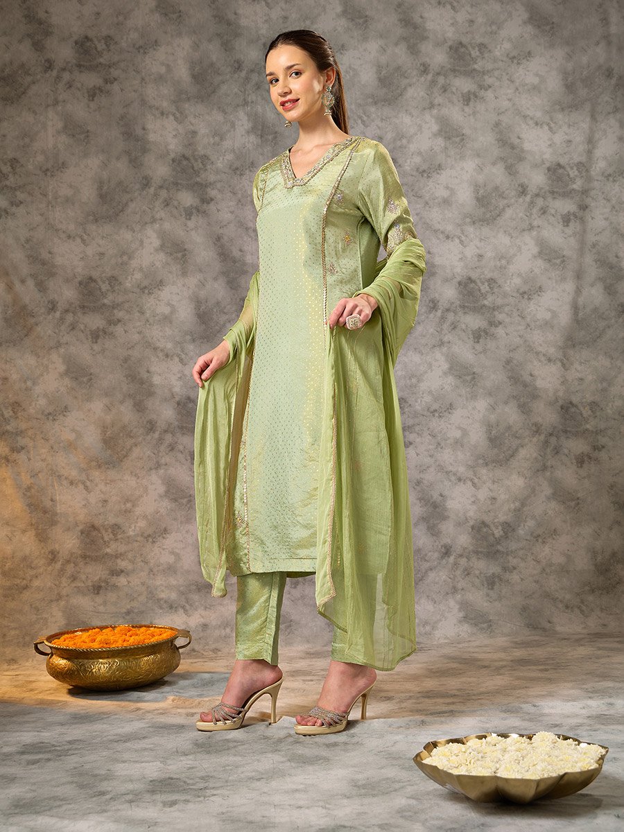 Green Embroidered A-Line Kurta, Pants and Dupatta Set