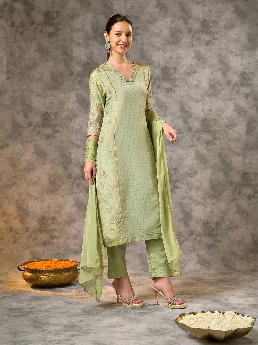 Green Embroidered A-Line Kurta, Pants and Dupatta Set